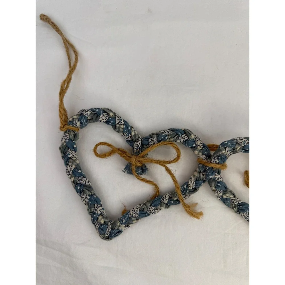 Handmade Braided Fabric Heart Garland Blue White Calico Farmhouse Decor 19 Inch